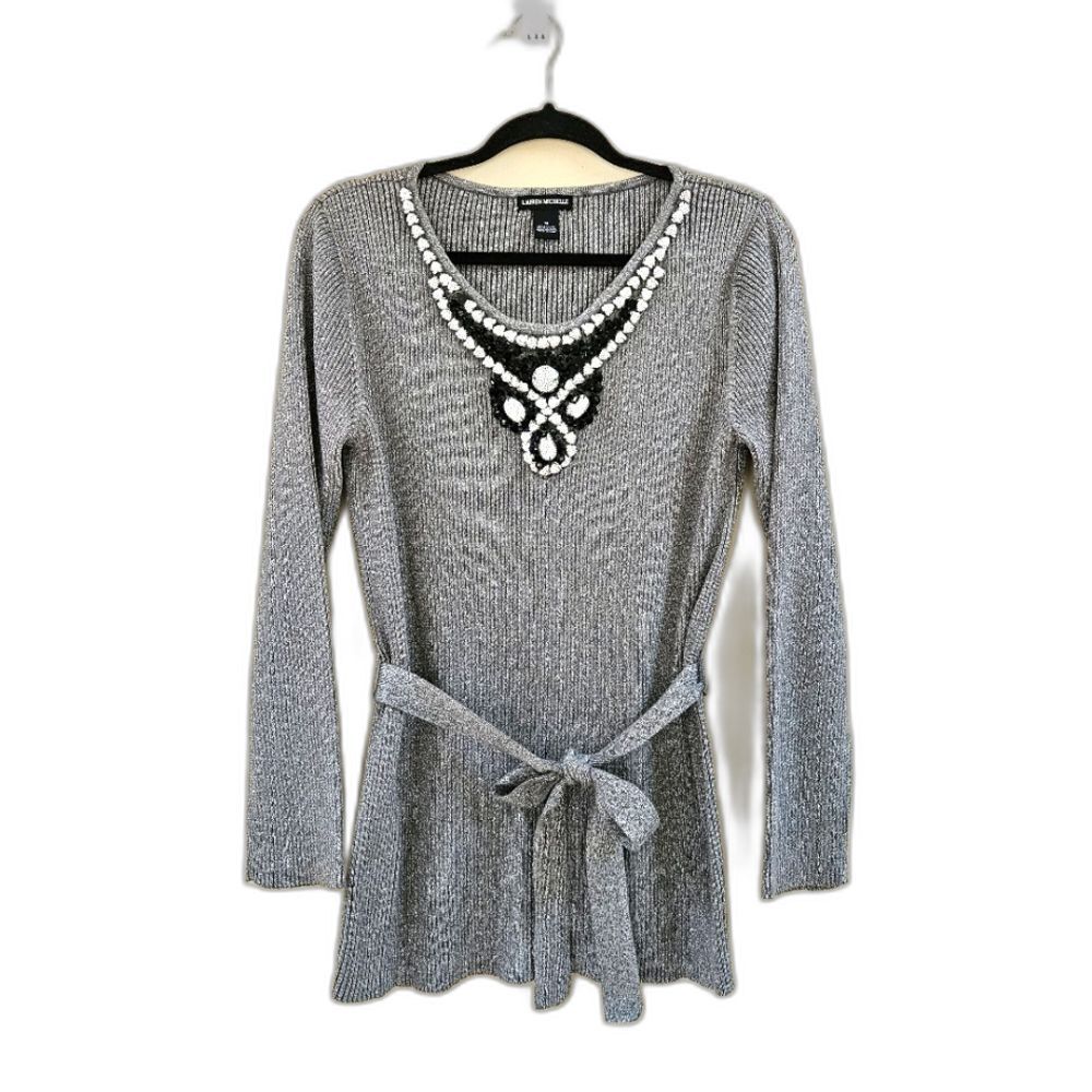 Lauren Michelle Sweater Women Sz M Gray Metallic Beaded Bling Holiday Christmas